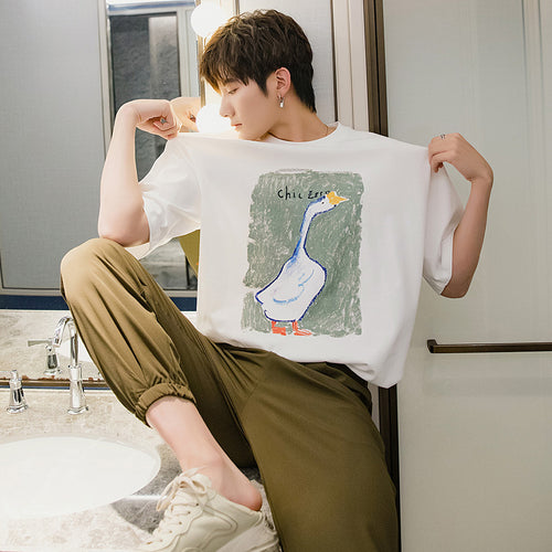 Sicilian men's summer white short-sleeved men's tide brand trend loose five-point sleeve men's half-sleeved printed t-shirt
