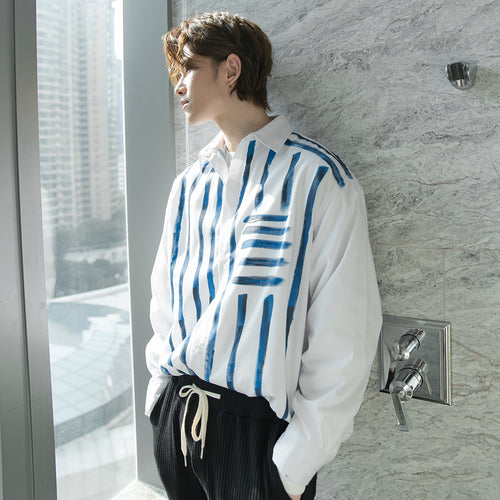 Sicilian men's autumn long-sleeved casual shirts hand-painted graffiti line shirts men's design sense niche tops