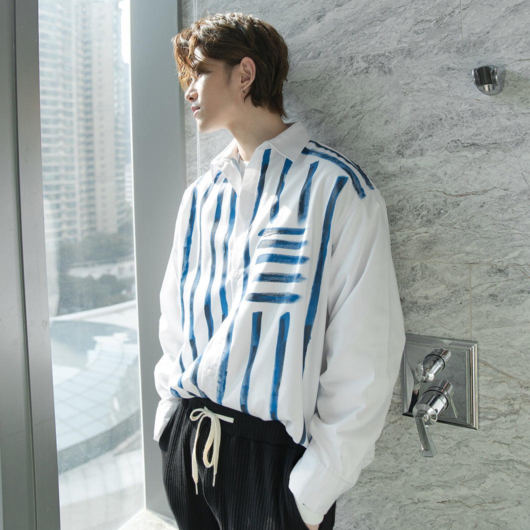 Sicilian men's autumn long-sleeved casual shirts hand-painted graffiti line shirts men's design sense niche tops
