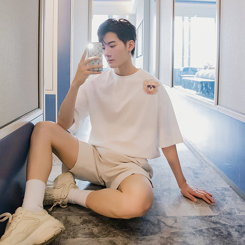 Sicilian men's summer Hong Kong style short-sleeved men's tide brand trend loose boys half-sleeved bear print white t-shirt