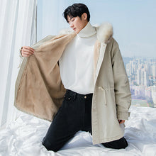 Load image into Gallery viewer, 【Take a 40% off straight down】Hooded fur collar jacket men&#39;s Korean style loose thickened youth mid-length cotton coat
