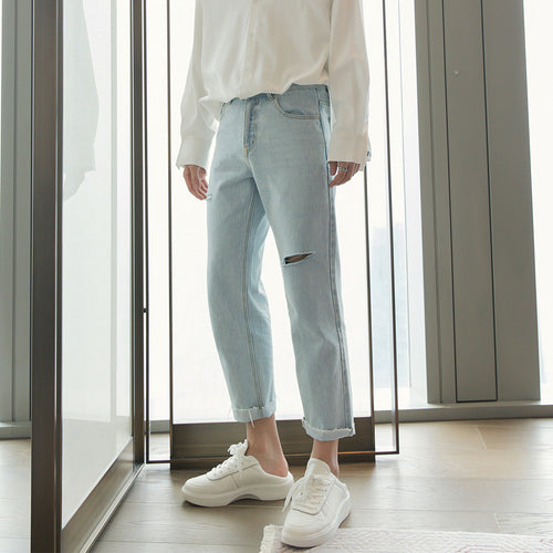 Sicilian Men's Spring Light Color Men's Casual Pants Men's Korean Style Loose Straight Hole Light Blue Jeans