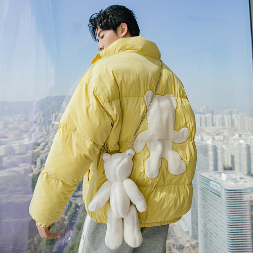 Sicilian men's winter new stand-up collar cotton-padded jacket design sense cute flocking bear padded bread jacket men
