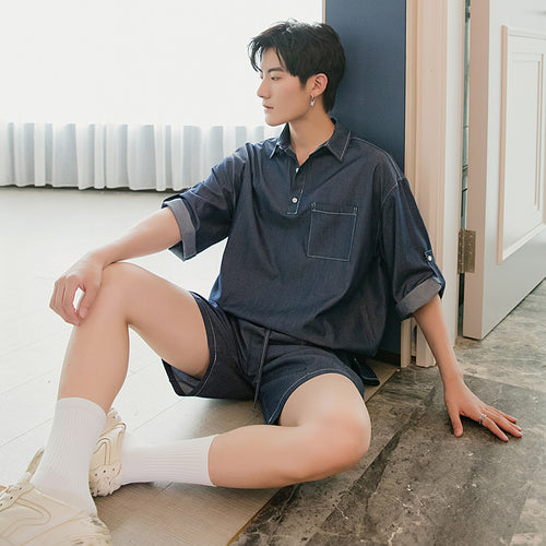 Sicilian men's summer thin short-sleeved shirt shorts two-piece loose men's trend casual suit men