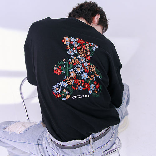 Sicilian men's embroidery flower round neck short-sleeved t-shirt men's summer casual men's creative bear loose top