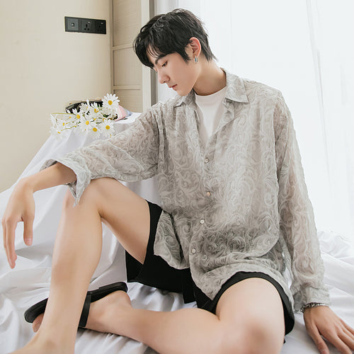 Sicilian men's shirt men's long-sleeved summer thin loose men's cardigan transparent summer sunscreen shirt breathable
