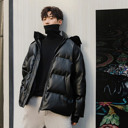 Sicilian men's loose youth hooded leather jacket Korean version of the trend of men's pu leather jacket men's winter