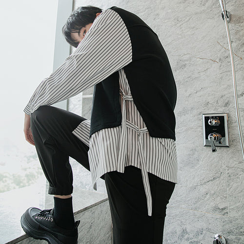 Sicilian men's striped shirt men's long-sleeved spring design sense niche fake two-piece lace stitching casual shirt