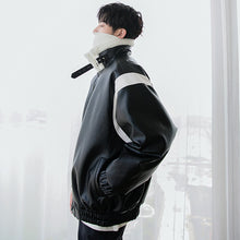 Load image into Gallery viewer, Sicilian men&#39;s winter new stand-up collar leather jacket contrast color stitching thickening warm Korean handsome lamb wool coat
