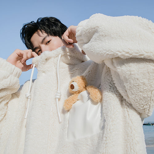 Sicilian men's winter new warm hooded jacket design sense bear doll particle velvet padded coat for men