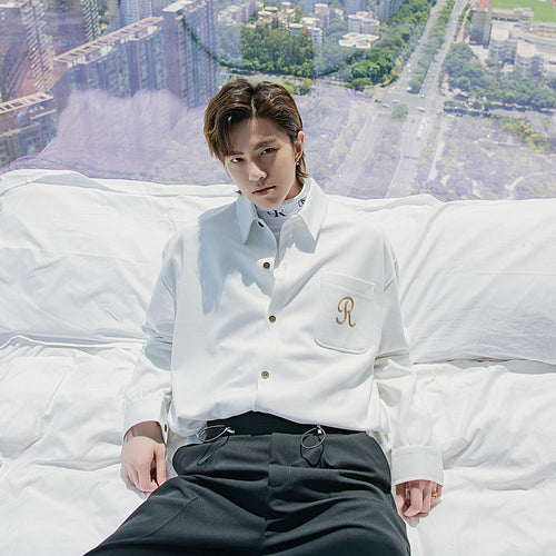 Sicilian men's handsome lapel embroidery trend casual white shirt men's long-sleeved Korean boys autumn tops