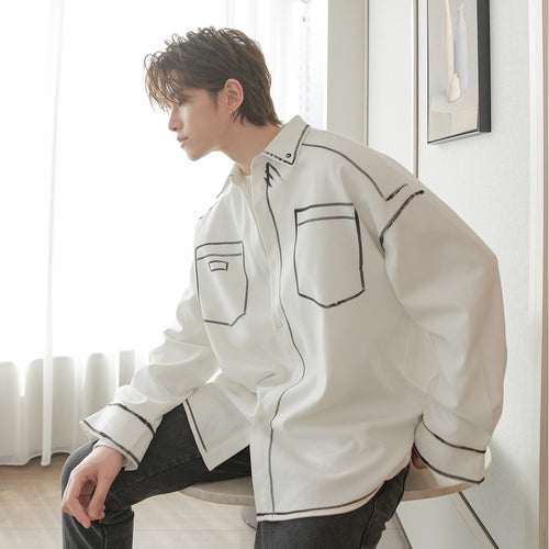 Sicilian men's autumn Korean trend handsome hand-painted graffiti line shirt men's long-sleeved design shirt