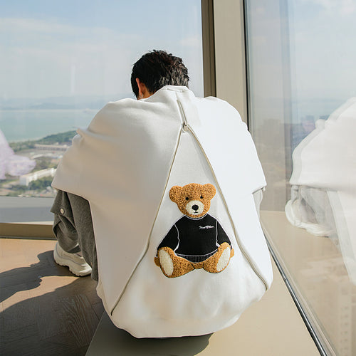 Sicilian men's new hedging long-sleeved design sense back zipper cute bear loose round neck white sweater
