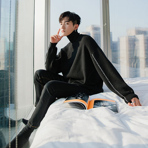 Sicilian men's Korean version of the trend in the bottoming shirt, autumn men's loose thick black turtleneck sweater men's trend