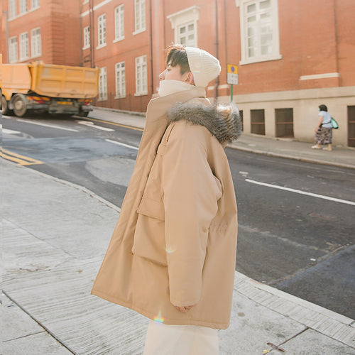 Sicilian men's loose fur collar hooded cotton-padded jacket Korean version of the trend of men's casual thickened jacket men winter