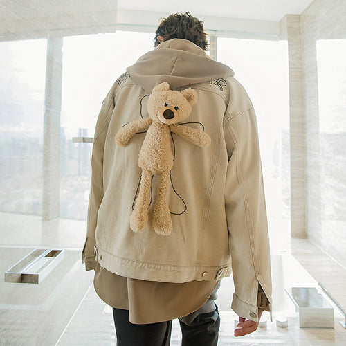 Sicilian men's autumn design sense bear embroidery jacket male Korean style trend loose student black jacket