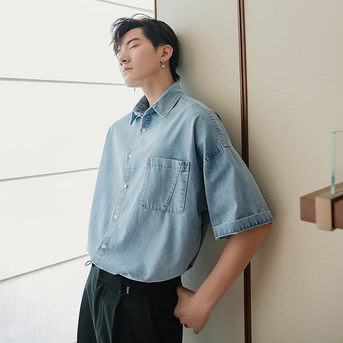 Sicilian men's summer thin short-sleeved denim shirt male Korean style trendy handsome loose boys half-sleeved shirt