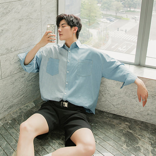 Sicilian men's striped stitching shirt men's Korean version of the trend of men's loose thin three-quarter sleeve shirt jacket