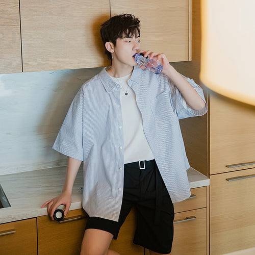 【Limited Time Special】Half-sleeved blue and white striped shirt male Korean version of the trend of loose men's summer short-sleeved shirt