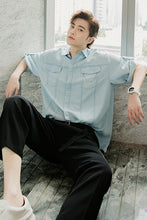 Load image into Gallery viewer, Sicilian men&#39;s summer short-sleeved denim shirt male Korean version of the trend handsome loose men&#39;s blue ice silk shirt
