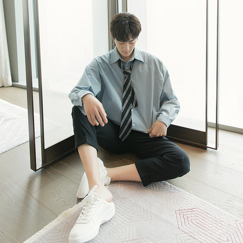 Sicilian men's autumn college style tie shirt male Korean version of the trend loose casual men's long-sleeved shirt