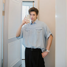 Load image into Gallery viewer, Sicilian men&#39;s summer short-sleeved denim shirt male Korean version of the trend handsome loose men&#39;s blue ice silk shirt
