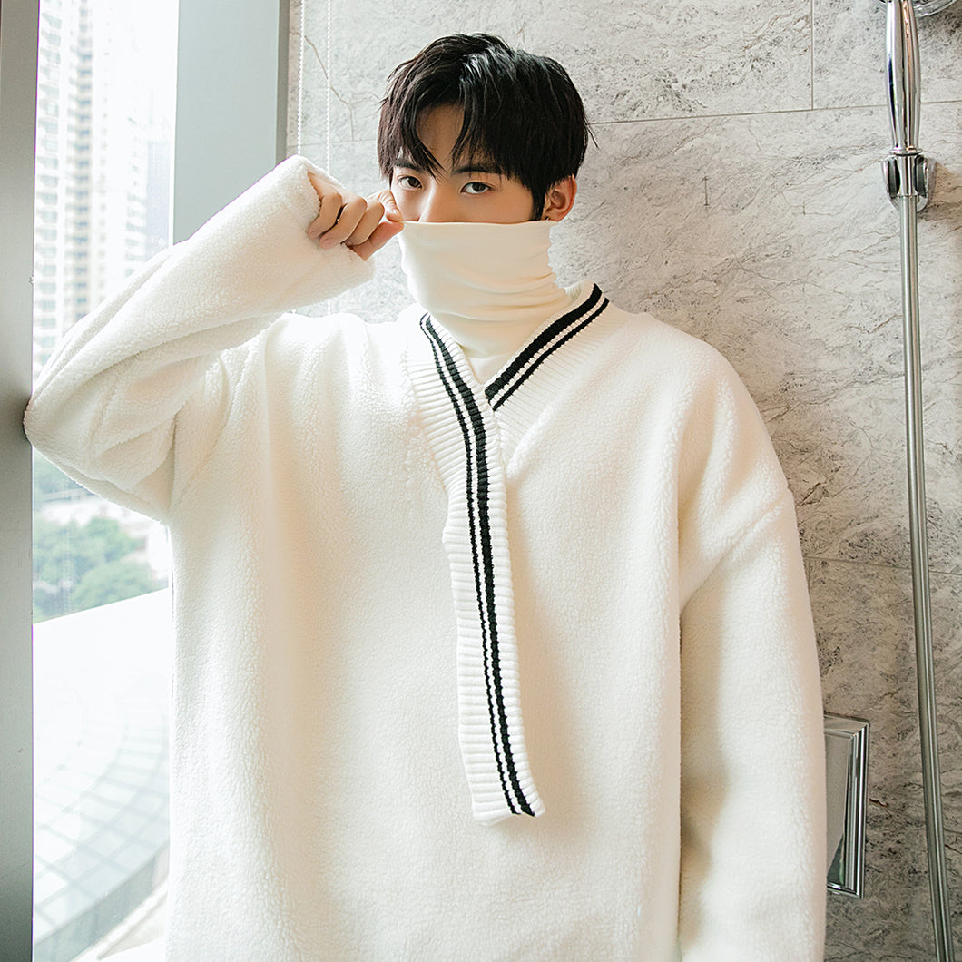 Sicilian men's winter new lamb cashmere cotton knitting contrast stitching loose casual college style jacket men 4666858882131