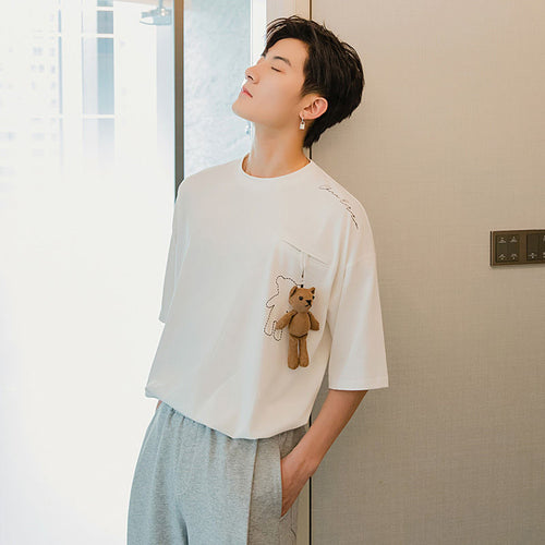 Sicilian men's summer white short-sleeved men's tide brand trend loose bear ornaments men's five-point sleeve t-shirt