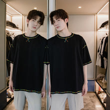 Load image into Gallery viewer, Sicilian men&#39;s wear black short-sleeved men&#39;s trendy brand trend loose half-sleeved open-line five-point sleeve t-shirt in spring
