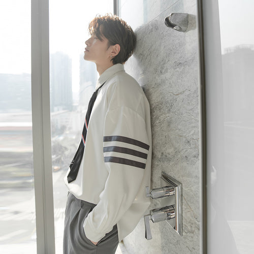 Sicilian men's color contrast Japanese style tie shirt men's Korean style long-sleeved trendy handsome boys spring top