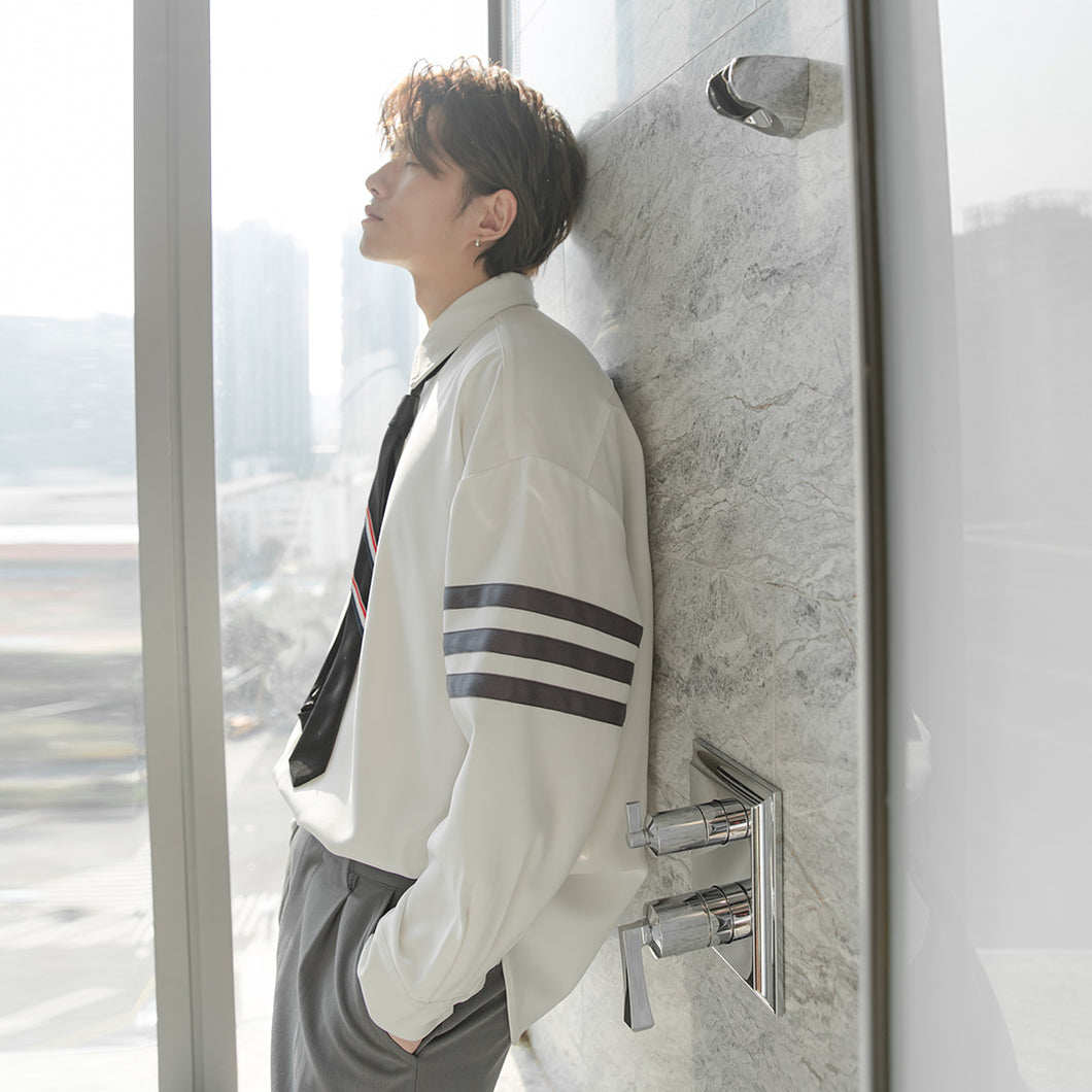 Sicilian men's color contrast Japanese style tie shirt men's Korean style long-sleeved trendy handsome boys spring top