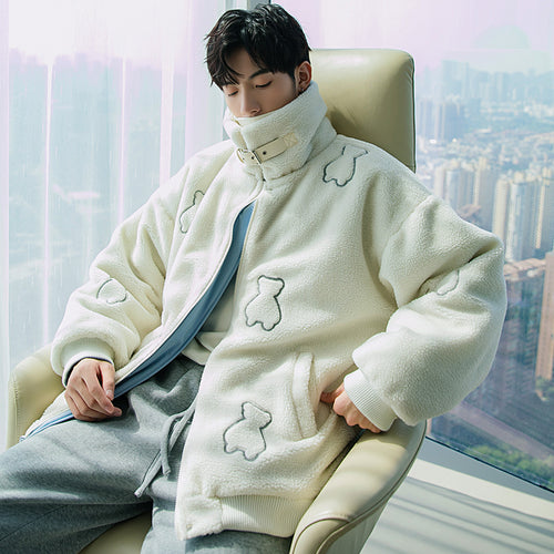 Sicilian men's winter new lamb velvet padded jacket men's double-sided wear cute bear handsome thickened stand collar