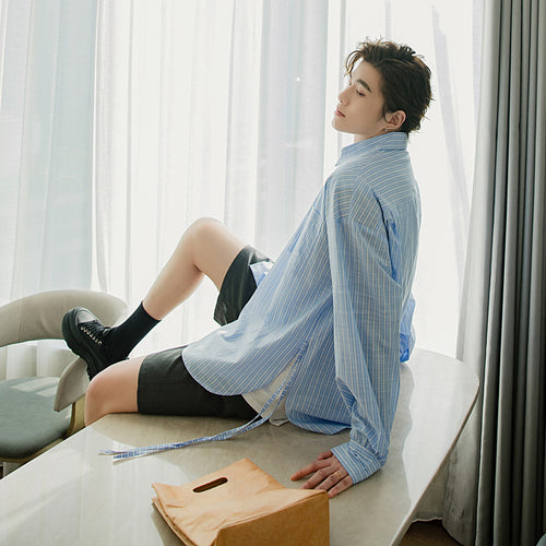 Sicilian men's summer long-sleeved blue and white striped shirt male Korean version of the trend of loose men's thin shirt jacket