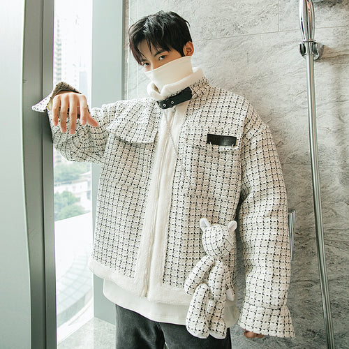 Sicilian men's winter new lamb velvet plaid woolen coat loose fashion warm men's stand-up collar coat