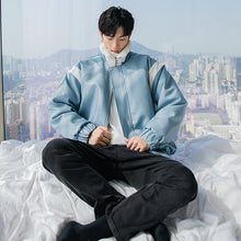 Load image into Gallery viewer, Sicilian men&#39;s winter new stand-up collar leather jacket contrast color stitching thickening warm Korean handsome lamb wool coat
