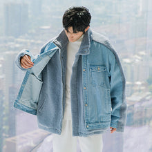 Load image into Gallery viewer, Sicilian men&#39;s fake two-piece stitching cashmere lapel cotton jacket male handsome loose warm denim jacket
