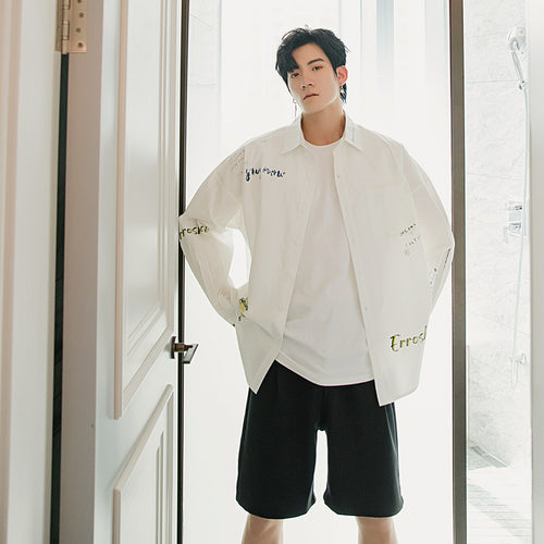 Sicilian men's letter printed white shirt men's Korean style trendy handsome loose men's thin white shirt