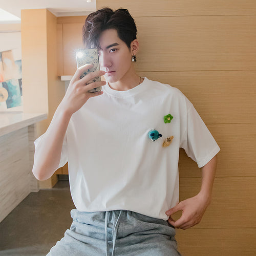 Sicilian men's summer Hong Kong style half-sleeved men's tide brand trend five-point sleeve t-shirt boys white short-sleeved t-shirt