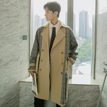 Load image into Gallery viewer, Sicilian men&#39;s autumn plaid stitching jacket men&#39;s Korean style trendy handsome men&#39;s knee-length windbreaker
