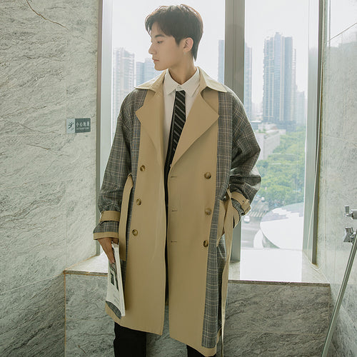 Sicilian men's autumn plaid stitching jacket men's Korean style trendy handsome men's knee-length windbreaker