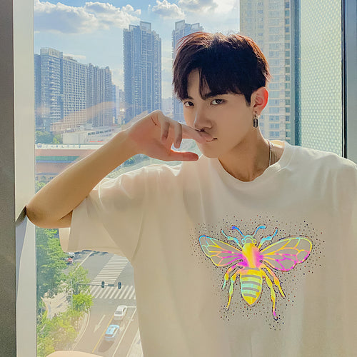 Sicilian men's summer half-sleeved men's tide brand trend loose boys hot diamond reflective printing white short-sleeved t-shirt