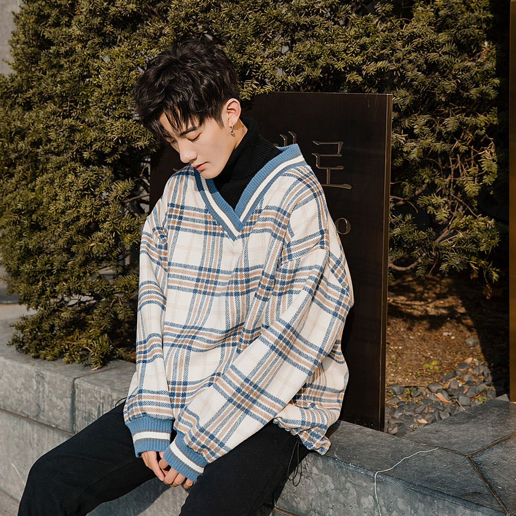 【Spot quick delivery】Tops Korean style trendy boys loose woolen plaid V-neck sweater men's trend