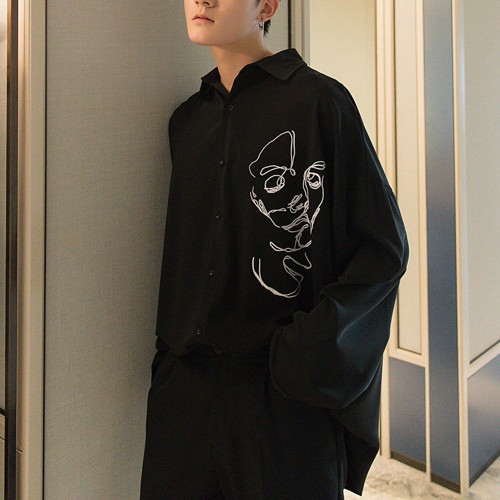 [西西里男装春季黑色长袖衬衫男韩版潮流男士休闲宽松印花衬衣外套]