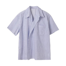 Load image into Gallery viewer, Sicilian men&#39;s literary vertical stripes short-sleeved shirt male Korean version of the trend loose men&#39;s five-point sleeve shirt
