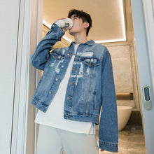 Load image into Gallery viewer, Sicilian men&#39;s blue ripped denim jacket male Korean version of the trend loose lapel men&#39;s casual spring and autumn jacket
