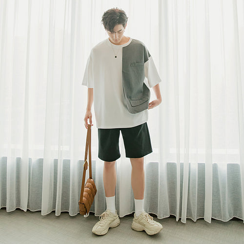 Sicilian men's summer Hong Kong style half-sleeved men's tide brand trend five-point sleeve loose boys stitching short-sleeved t-shirt