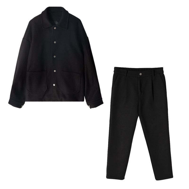 【Spot Express】Woolen coat straight-leg pants two-piece trend spring and autumn men's black casual suit men