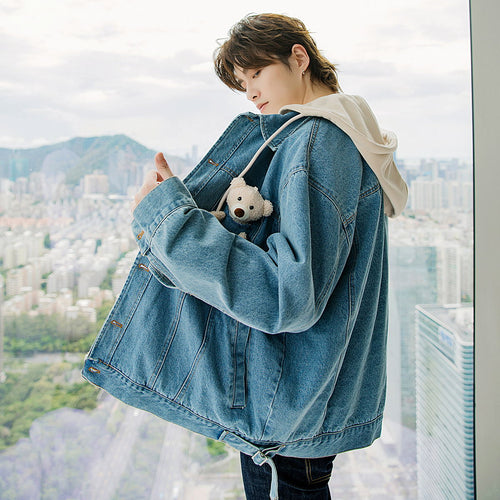 Sicilian men's spring and autumn vacation two-piece men's jacket Korean version of the trend cute bear doll loose denim jacket
