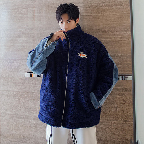 Sicilian men's winter new style cotton high collar lamb velvet color matching denim embroidery long-sleeved casual handsome jacket