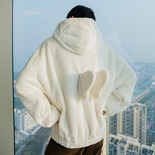 Sicilian men's winter new rabbit fur hooded sweater back design sense wings loose thick warm top